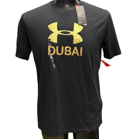 Under Armour Dubai Gold Logo Tee Men’s L Black NWT Style 1345846 - Picture 2 of 8